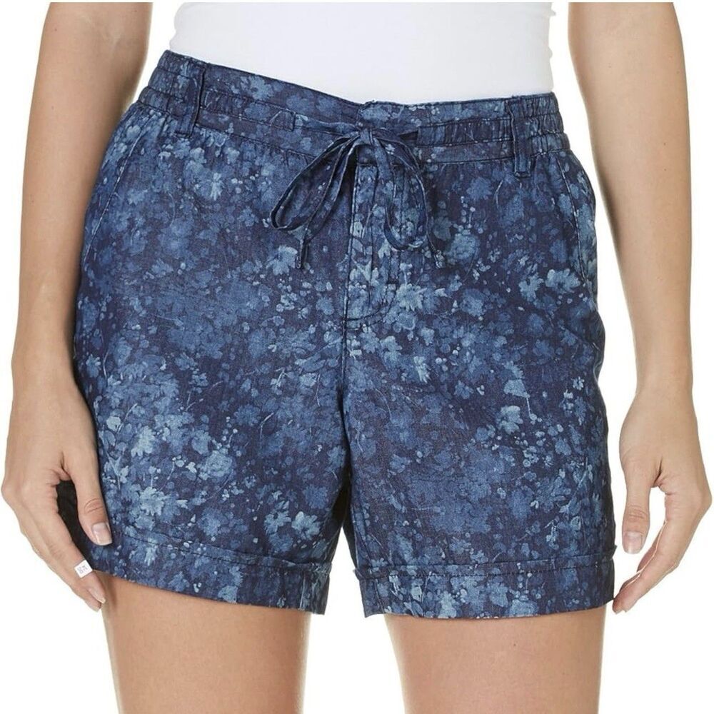 Gloria Vanderbilt Floral Print Shorts Womens Size 12 Blue Lyocell Drawstring